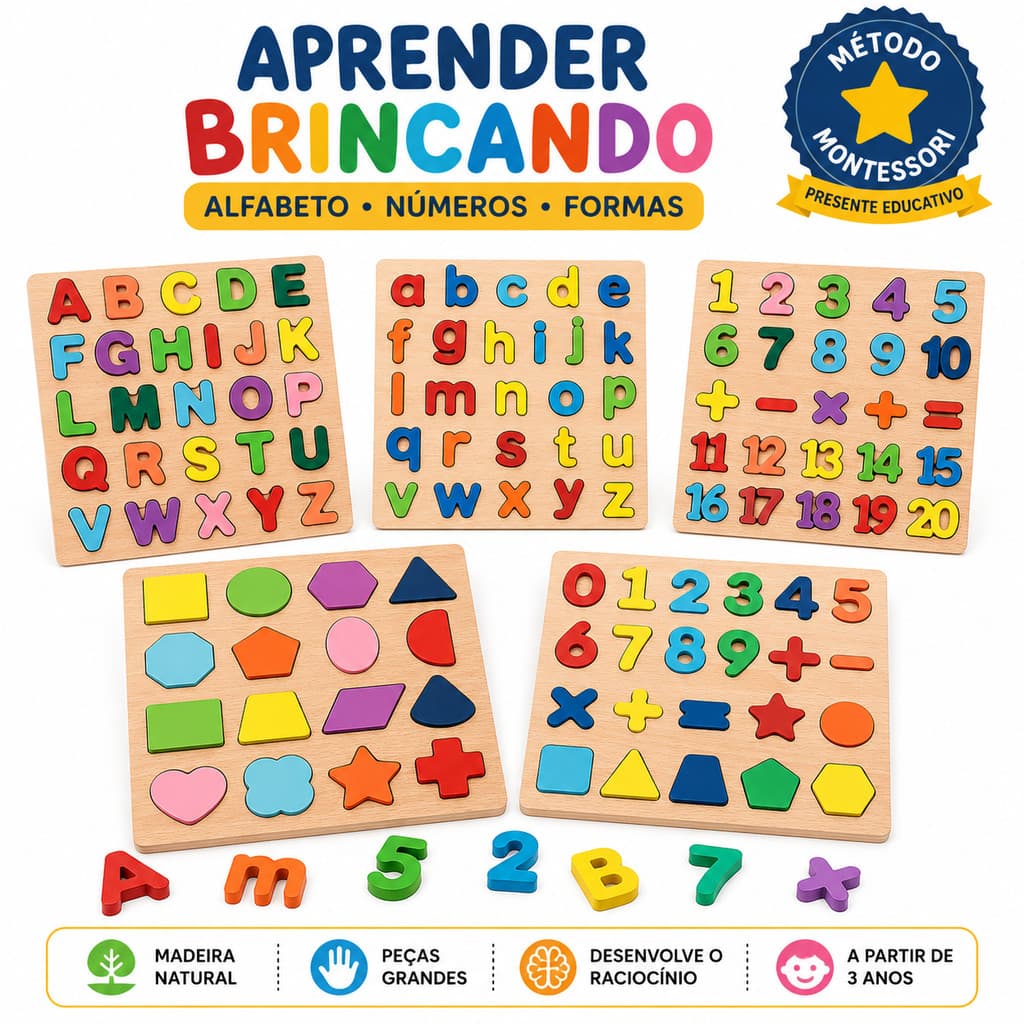 Brinquedo Educativo Madeira Alfabeto Números Formas Geométricas Montessori Encaixe Pedagógico Infantil
