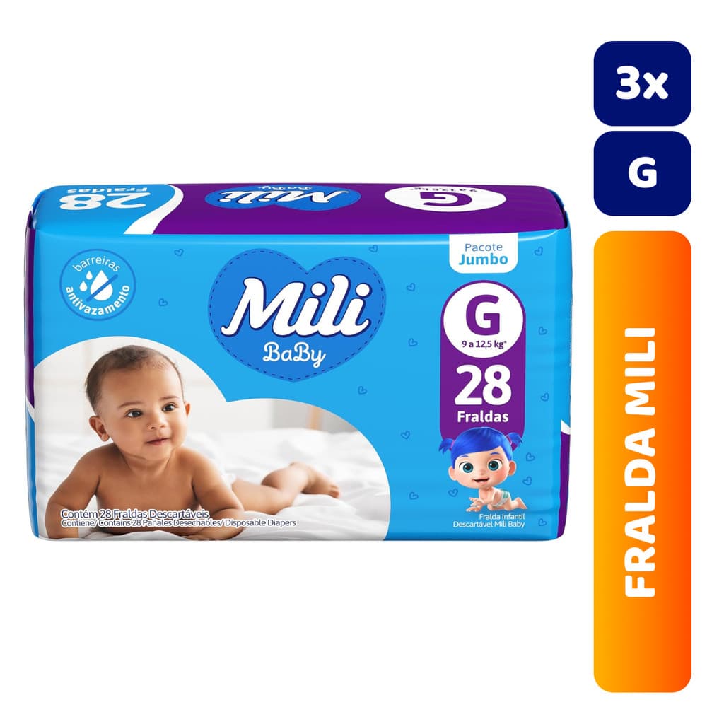 Kit 3x Fralda Infantil Mili Jumbo Ultra Seca C/28 G