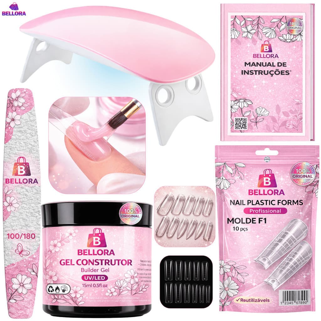 Kit Unhas de Gel Completo - Construtor Profissional com Mini Cabine UV/LED
