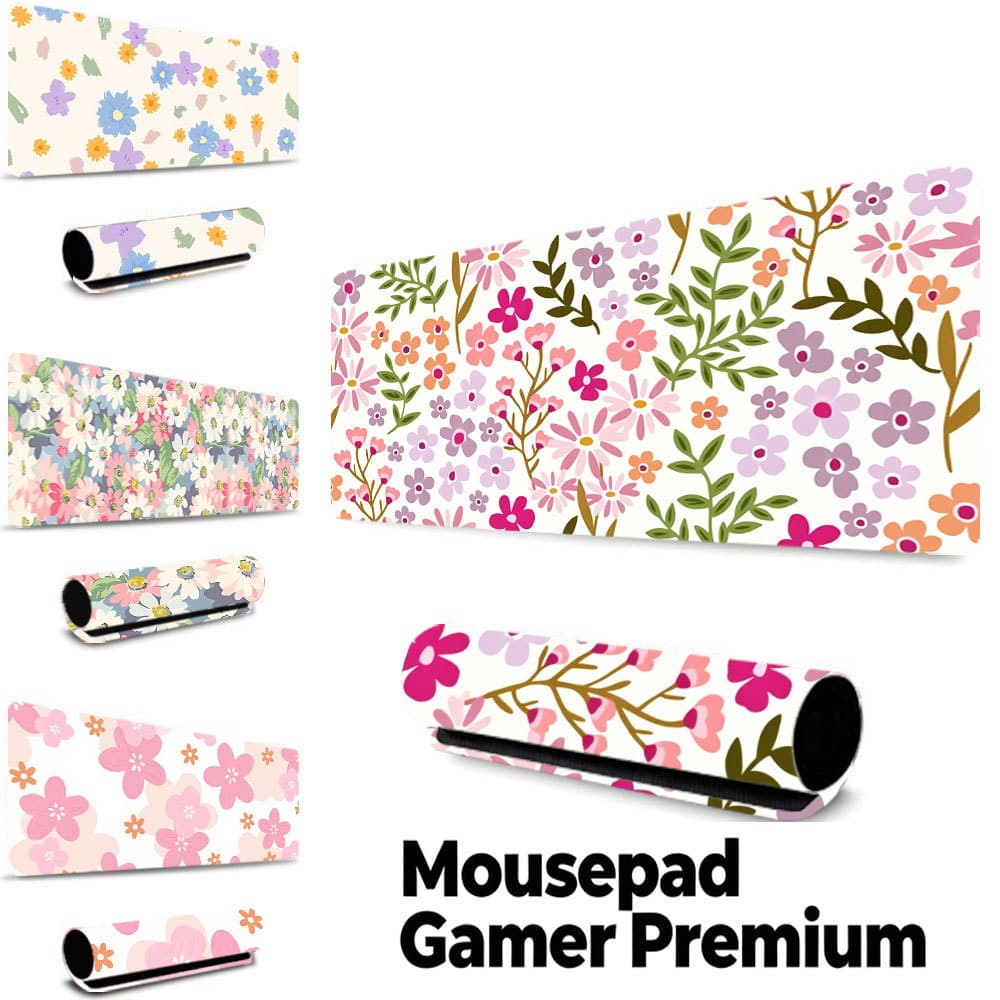 Tapete Gamer Flores Folhas Rosas Campestre, borda costurada, base borracha antiderrapante, à prova d'água mesa notebook