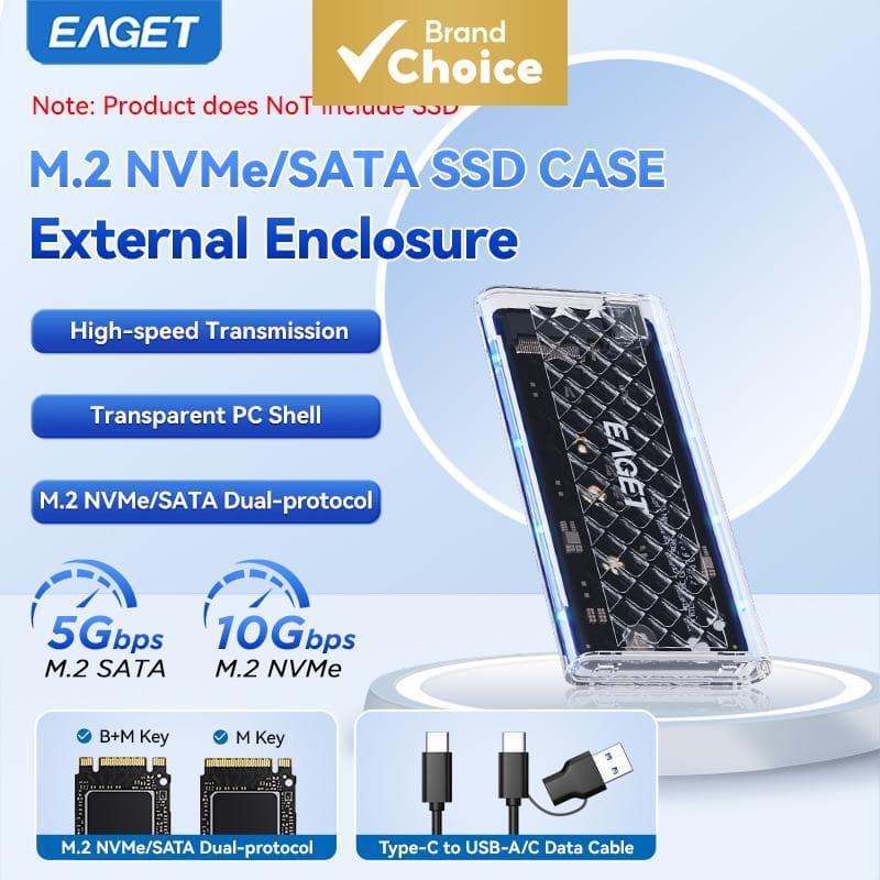 Gabinete EAGET para SSD M.2 de protocolo duplo 10 Gbps USB 3.2 Gen 2 transparente RGB, case externo para HD compatível