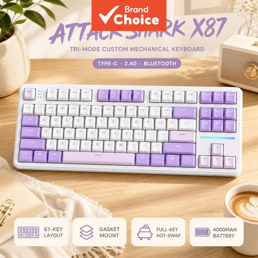 Teclado Mecânico de 87 Teclas Attack Shark X87 80% com Switch Linear de Morango, Troca a Quente Total, Tri-Modo e Teclas