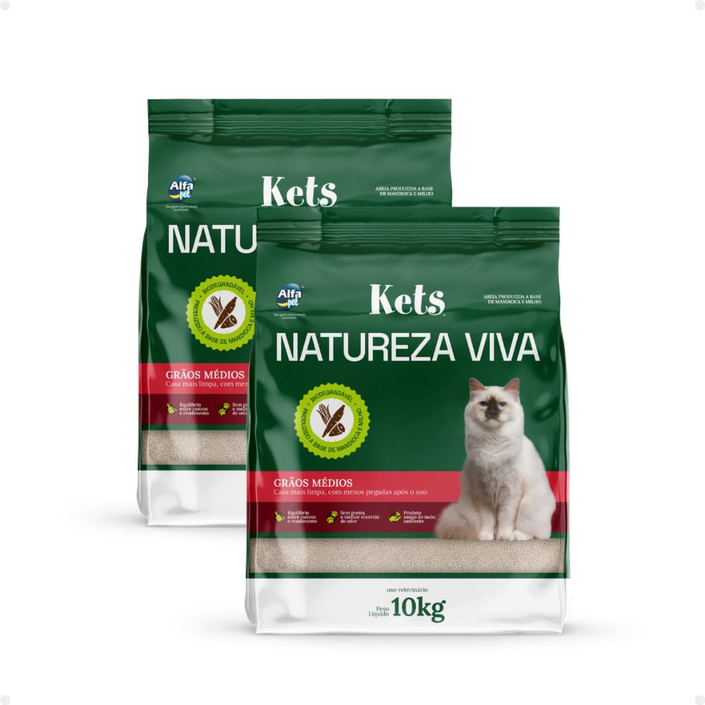 Kit 2 Areia Higiênica Sanitária Gato Mandioca Kets Natureza Viva Grãos Médios 20Kg