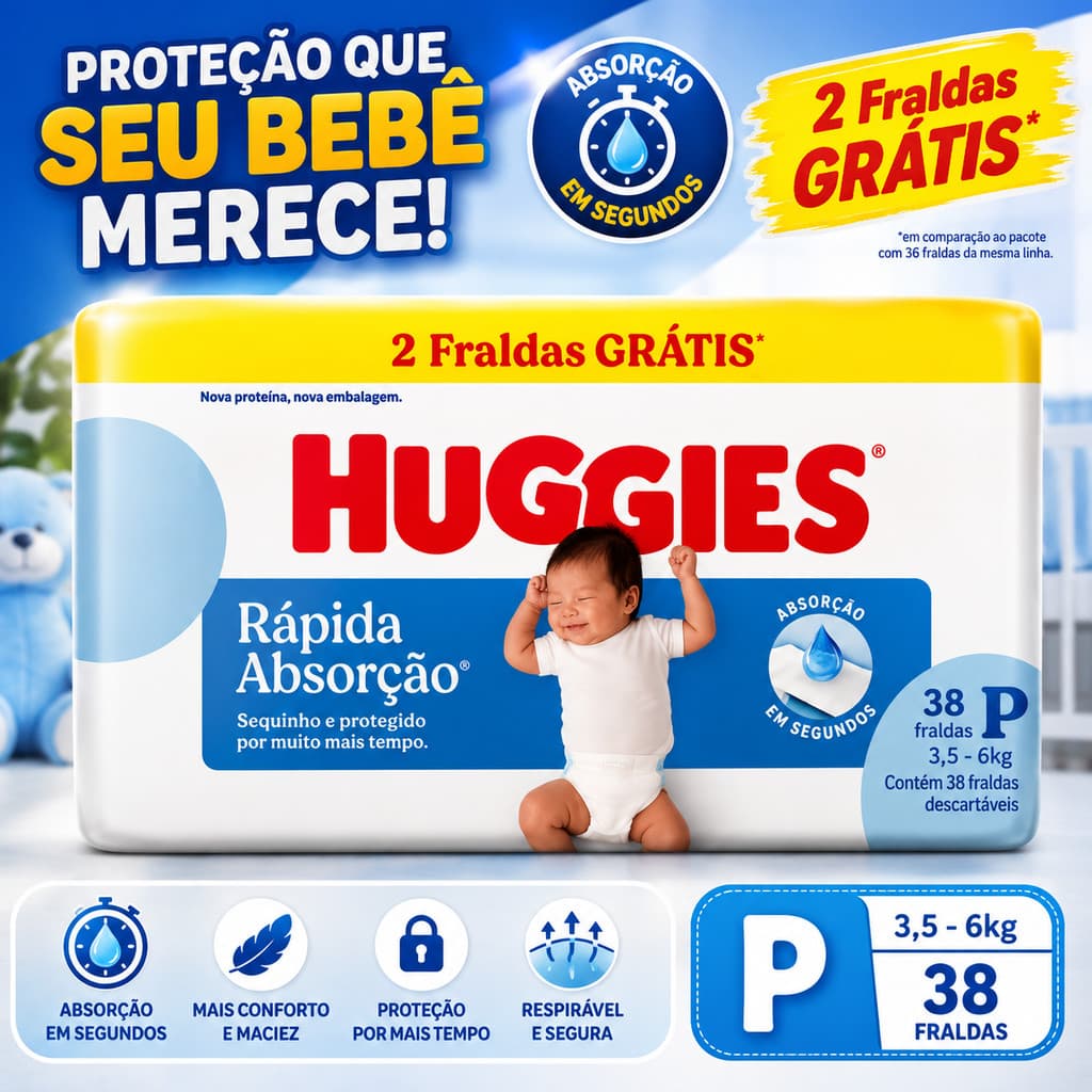 Fralda Huggies Rápida Absorção Tamanho P 38 Unds 3,5 - 6 Kg Pequeno (p) Sem Gênero