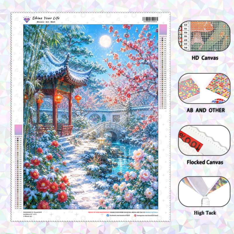 [PL Diamantes AB Atualizados + Tecido Flocado] Pavilhão De Inverno Espelhos A Lua Pintura Diamante 5D DIY Artesanato Mos