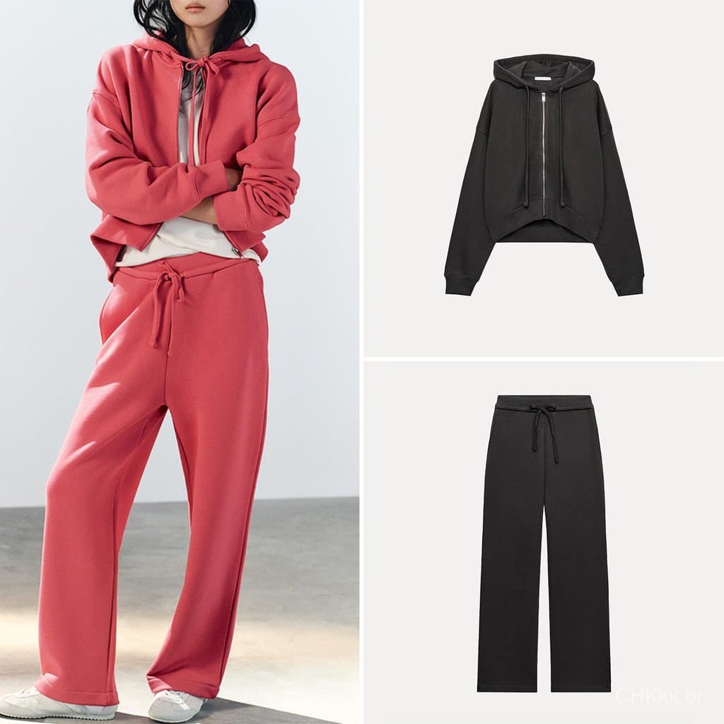 Moletom feminino com capuz e zíper novo estilo 263199800 Calças de flanela com cadarço3199801 Conjunto de conjunto de co