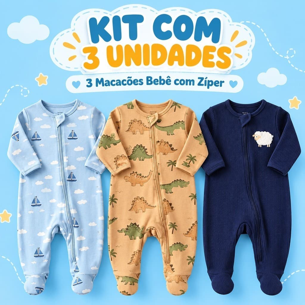 3 Macacões Roupa de Bebê Menino Menina 100% Algodão com Proteção de Zíper RN ao GG