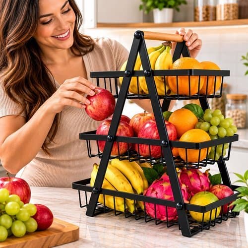 Fruteira Organizador De Frutas Multiuso 3 Camadas cestos porta fruta legumes organizadores Preto Decorativo funcional