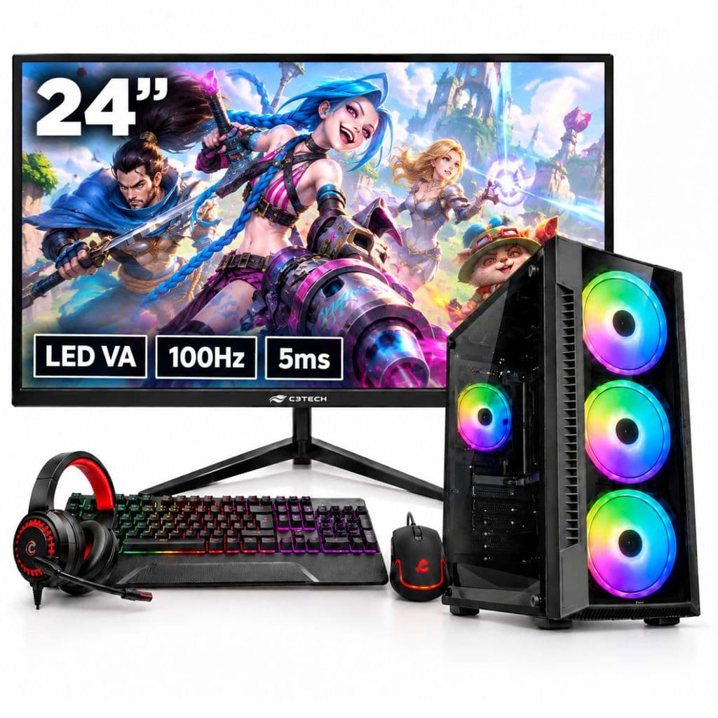 Computador PC Gamer Intel I7 3ª 16GB RAM SSD 480GB GTX 1050 TI WIFI Monitor LED 24" Preto