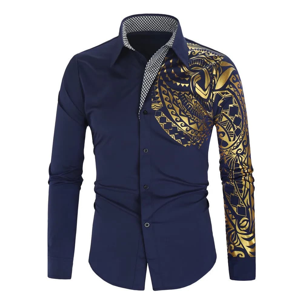 Nova Camisa Oversize da Moda para Homens # Camisa Masculina Social Casual Slim de Manga Longa com Lapela Dourada e Padrã