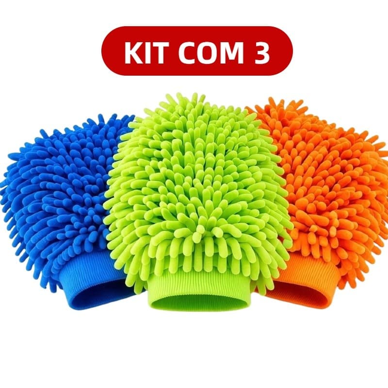 Kit 3 Luva de Microfibra Chenille para Lavar Carro, Macia Não Risca Pintura, Multiuso Limpeza Automotiva e Doméstica