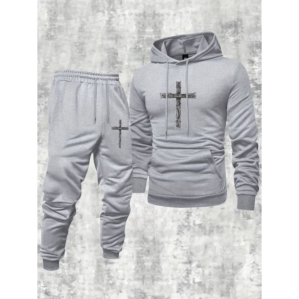 Conjunto Calças e Moletom com Capuz Unissex Cruz estilizada Promoção Envio Rápido Style002