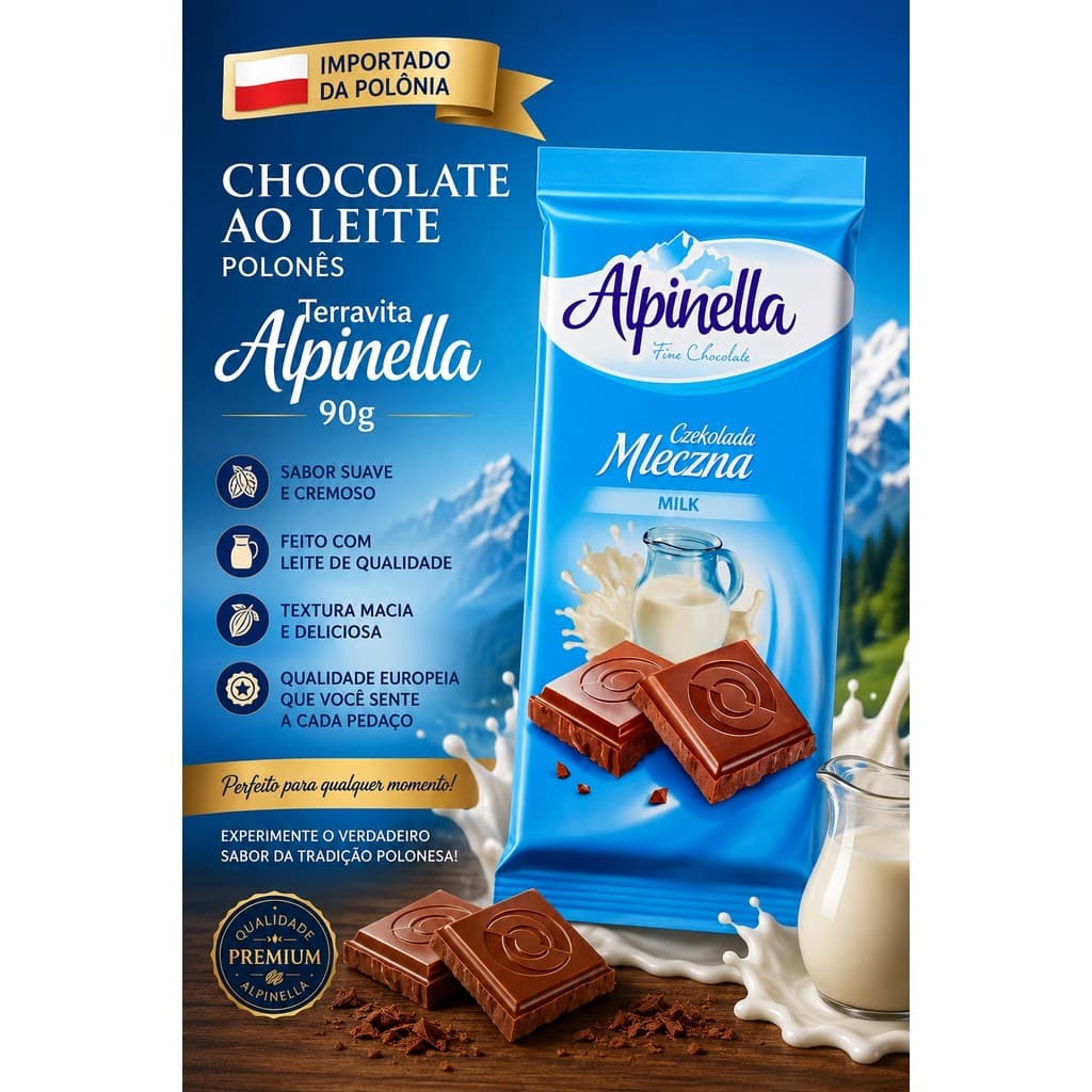 Chocolate Polonês Alpinella Ao Leite 90g – Importado da Polônia | Cremoso e Delicioso