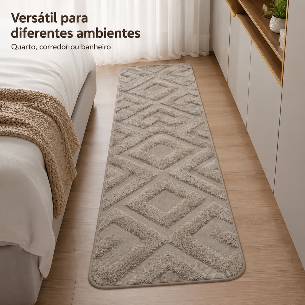 Tapete Passadeira 60x200cm Geométrico Jacquard Aveludado Macio Antiderrapante para Sala e Corredor