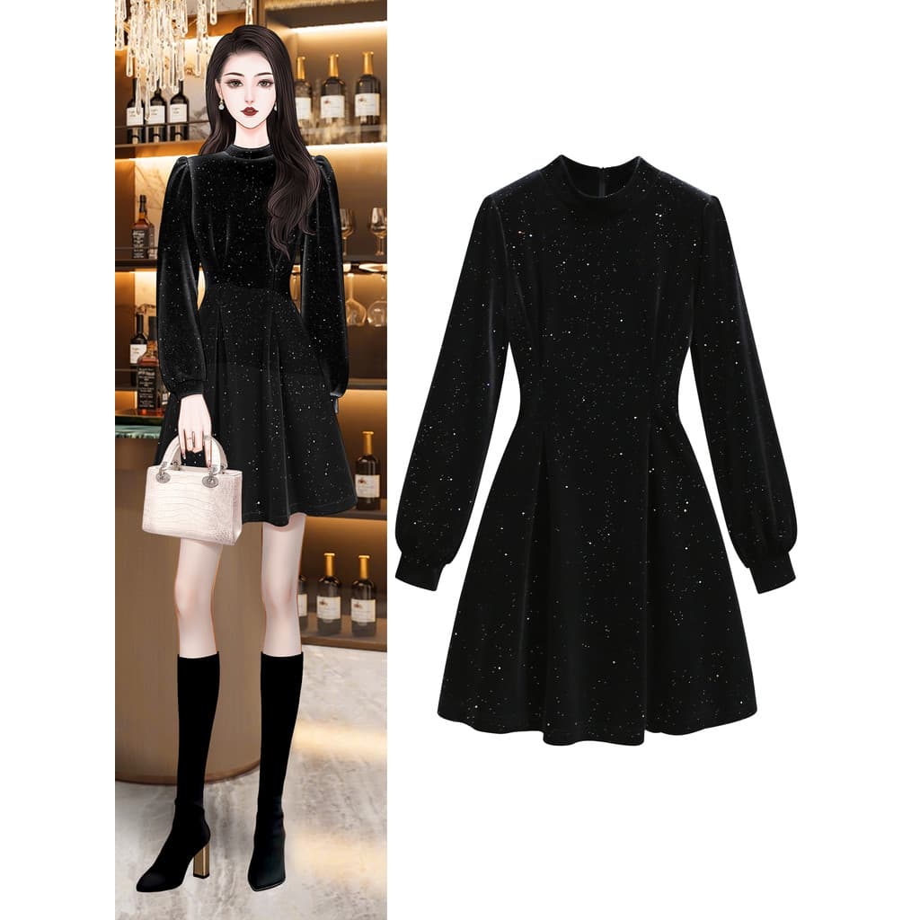 High-End temperamento namoro Trobe vestido de veludo preto feminino 2026 outono novo estilo vestido fino vestido preto
