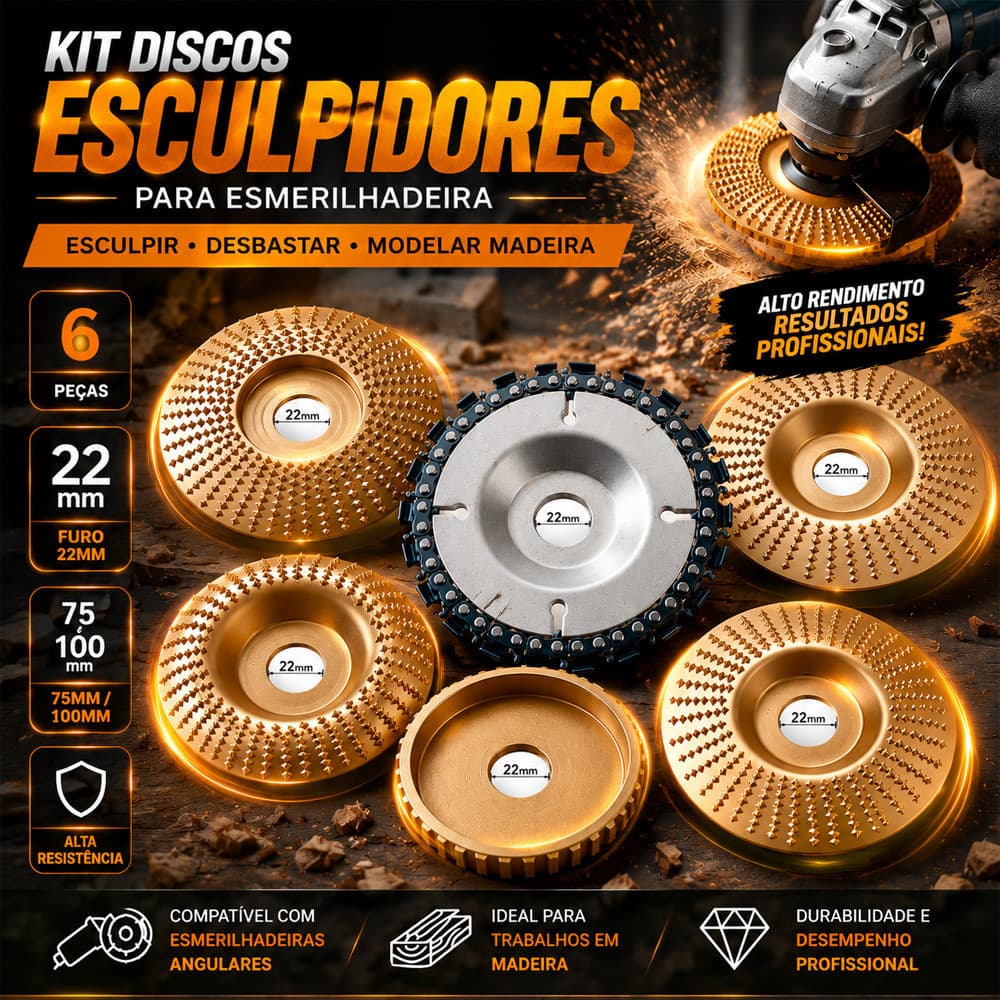 Kit 6 Discos Para Madeira 100mm/75mm Para Esmerilhadeira Furo 16/22mm Disco Corte e Desbaste Marcenaria