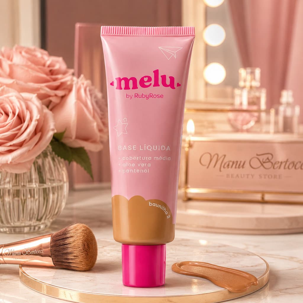 Base Líquida Melu Ruby Rose Cobertura Média Semi Matte Pele Uniforme Natural e Hidratada