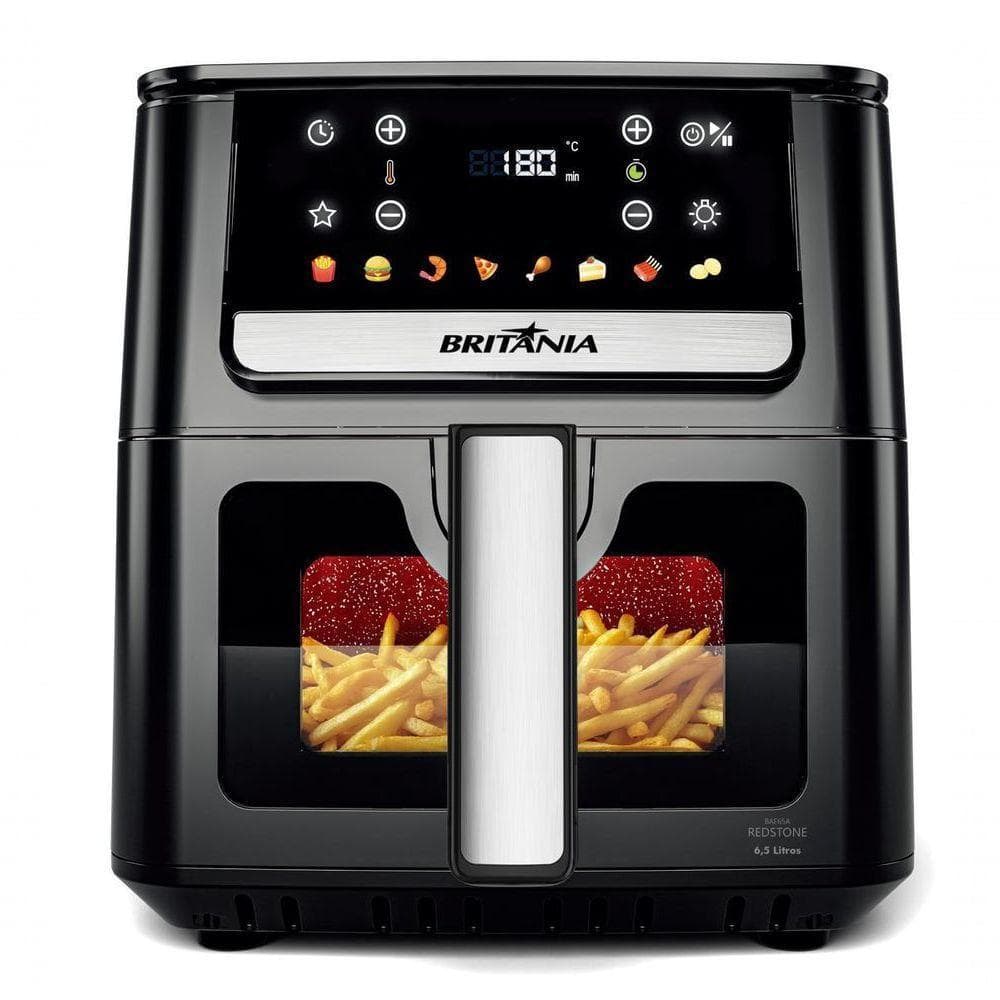 Fritadeira Air Fryer sem Óleo Britânia BAF65A 6,5L 1700W Visor Glass Redstone Preto 110V