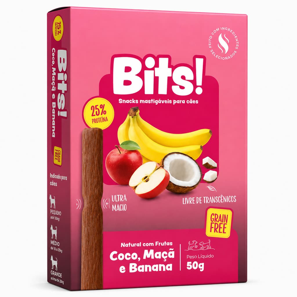 Ossyto Bits Petisco para Cães Sabor Coco, Maçã e Banana 50g - Snack Saudável Mastigável