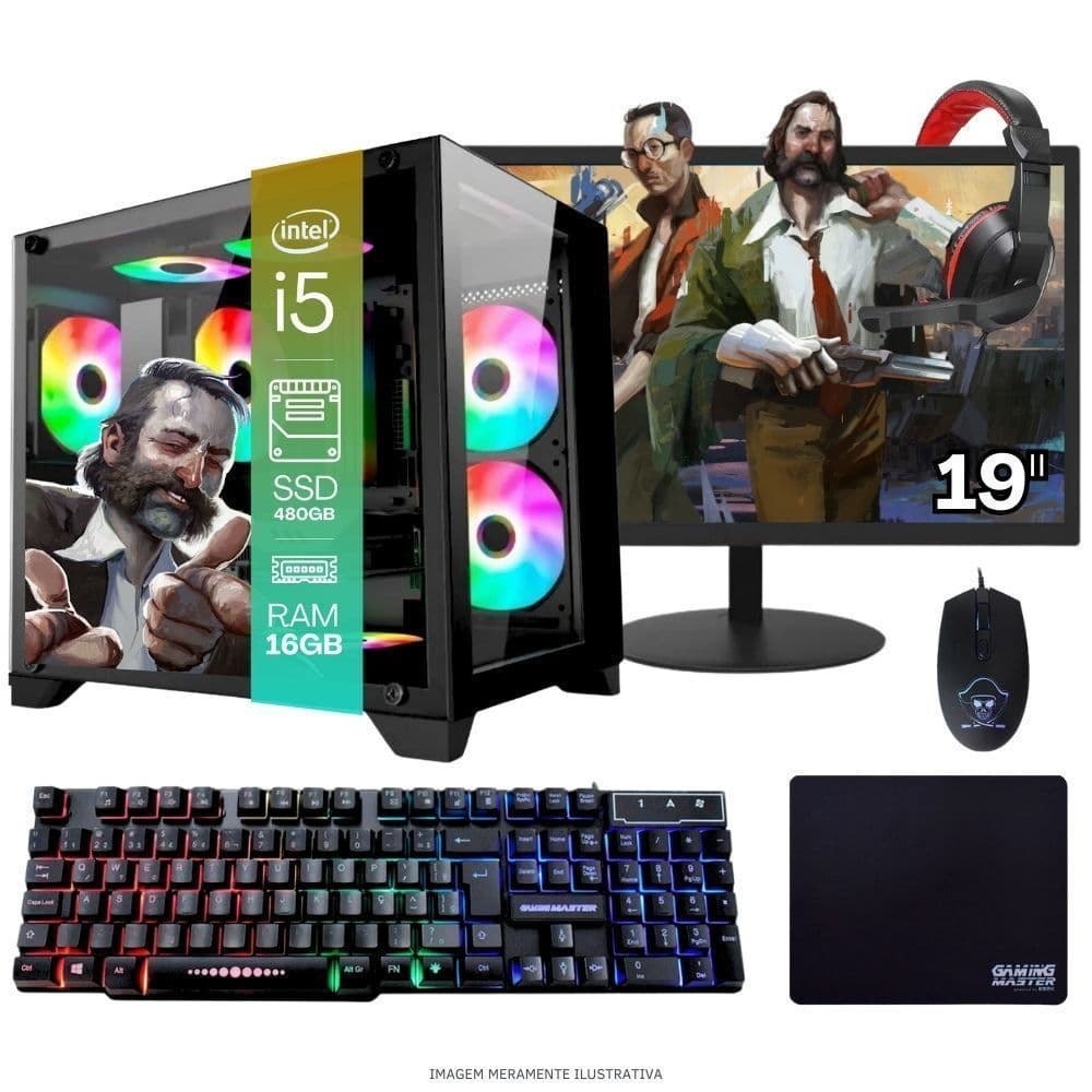 Computador PC Gamer  TOB   i5  480GB 16GB   Kit Gamer e Headset Gamer Monitor 19” Windows 10 Pro Trial