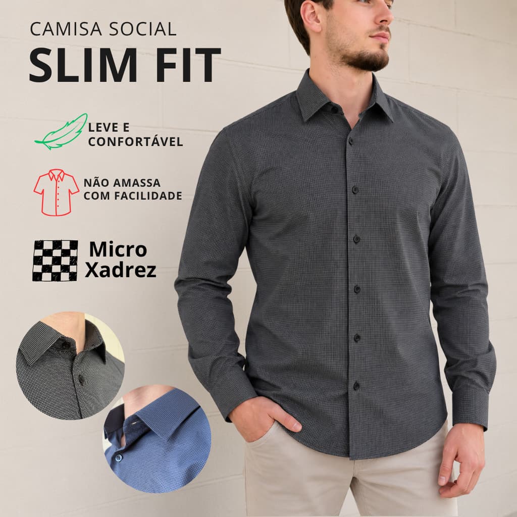 Camisa Social Masculina Manga Longa Slim Algodao Que Não Amassa Luxo
