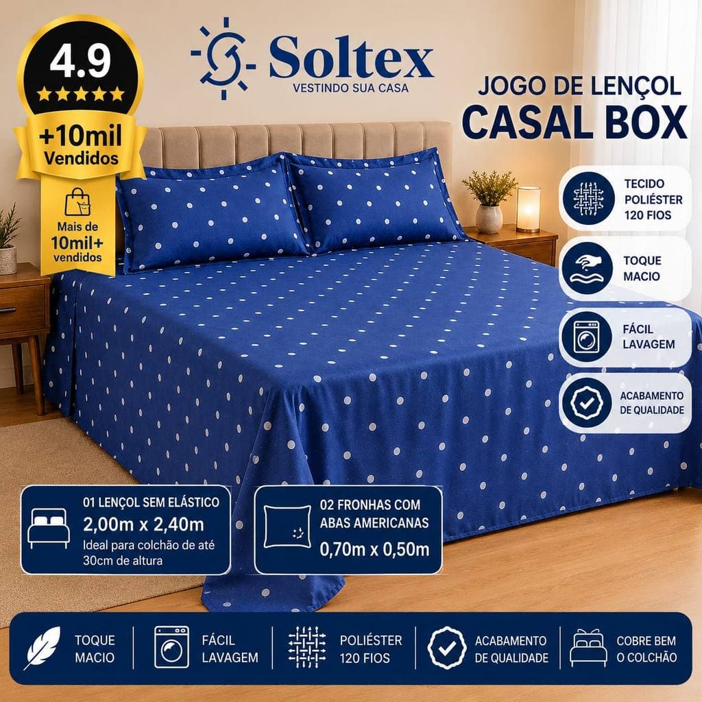 Jogo de lençol Casal Box 3 peças 120 Fios Com Duas Fronhas com Abas Americana Estampado Macio
