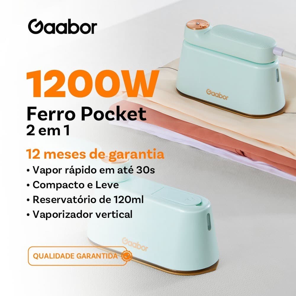 Gaabor Ferro de Passar a Vapor Portátil 1200W 30s Aquecimento Rápido HM-M01A