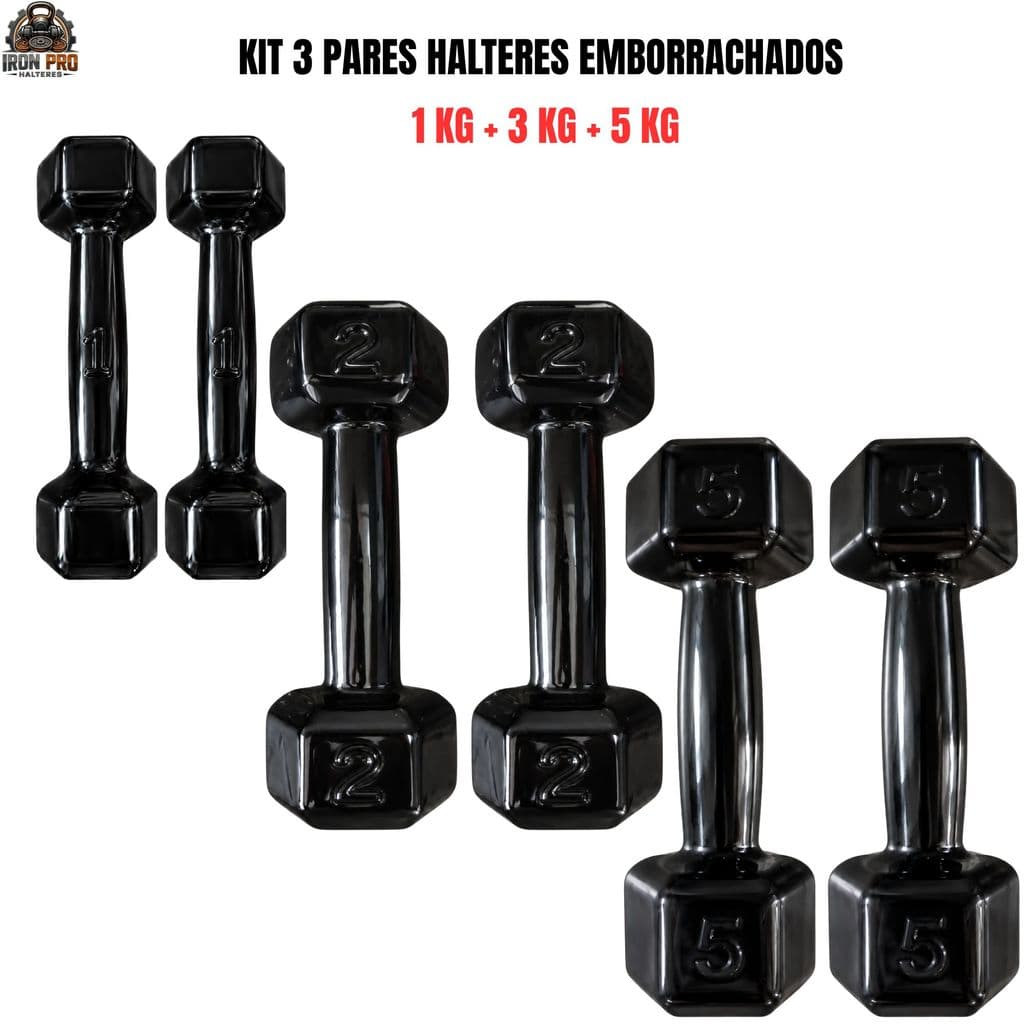 Kit Par Halter Sextavado Emborrachado 1kg + 3kg + 5kg 18kg Total CrossFit Fisioterapia Musculação Academia Treino