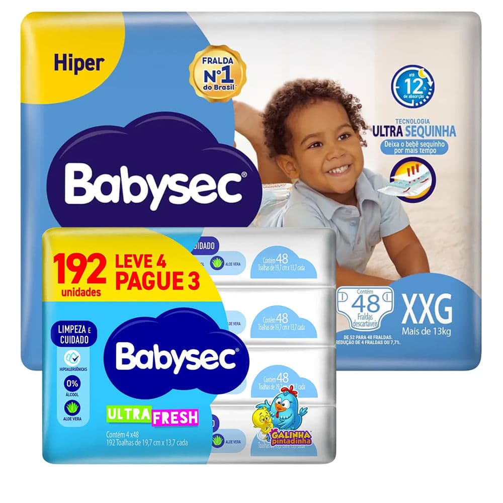 Kit Fralda Descartável Babysec Galinha Pintadinha XXG + Toalha Umedecida 192 Unidades