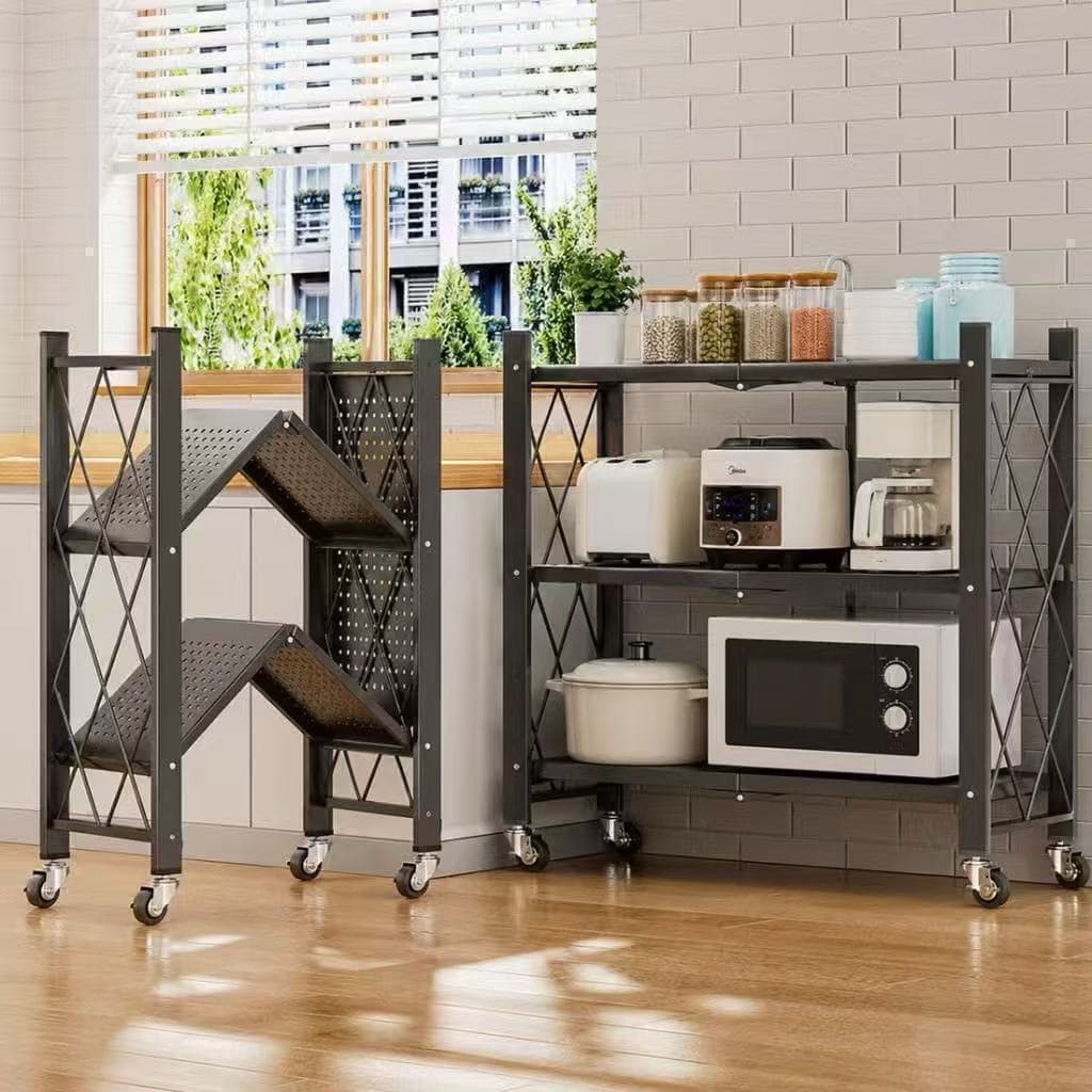 Estante organizadora para cozinha dobrável com rodas Suporte para micro‑ondas metálica multiuso