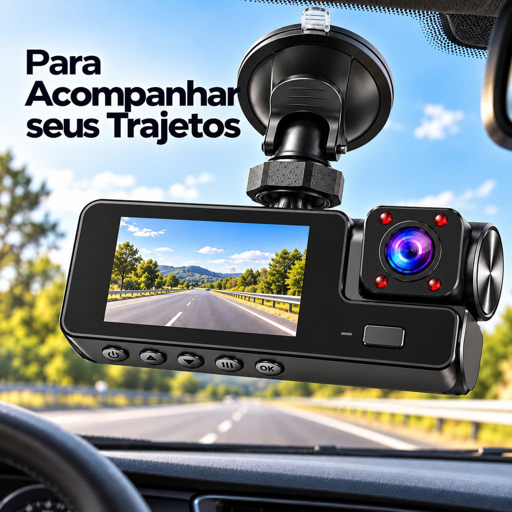 Câmera Veicular DVR 3 Câmeras com Tela LCD Frontal Interna e Traseira para Carro