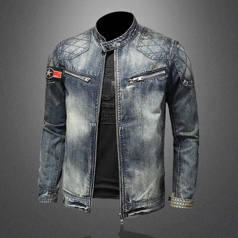 Nova gola alta denim jaqueta masculina na moda emblema Retro motocicleta jaqueta bonito juventude Casual denim jaqueta