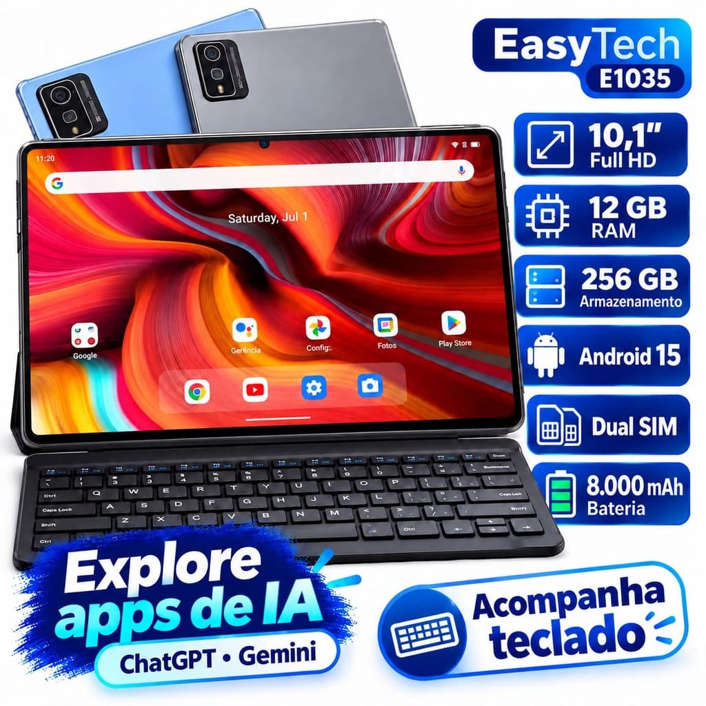 Tablet EasyTech E1035 10.1” Android 15 | 12GB RAM + 256GB | Dual SIM | Teclado Incluso