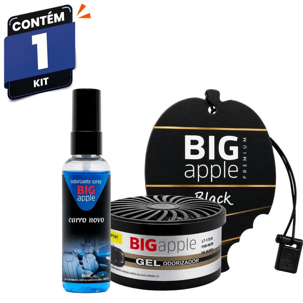 Kit Trio Big Apple Black Carro Novo Sport Sachê Spray 60ml Gel 70g Para Carro