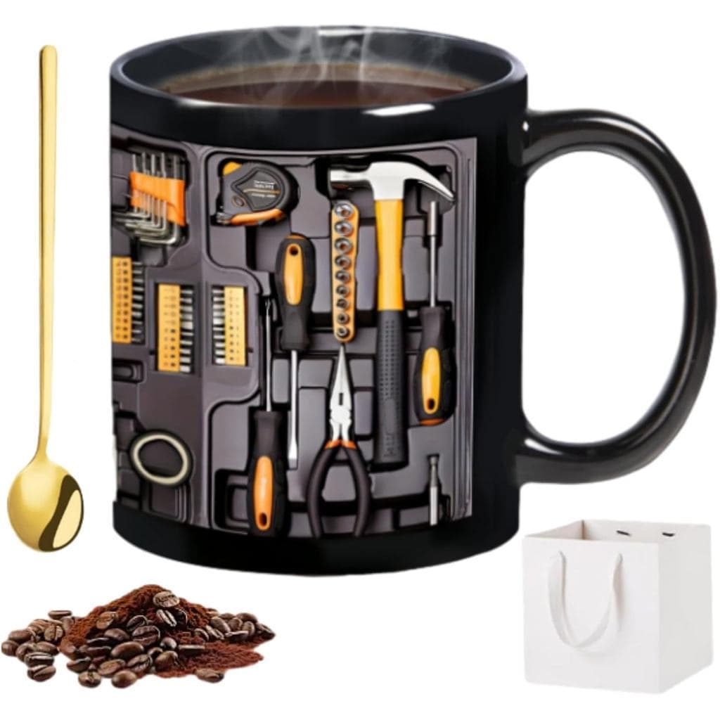 Caixa de ferramentas mecânicas com tema de xícara de café, caixa de ferramentas mecânicas divertida com tema de xícara d