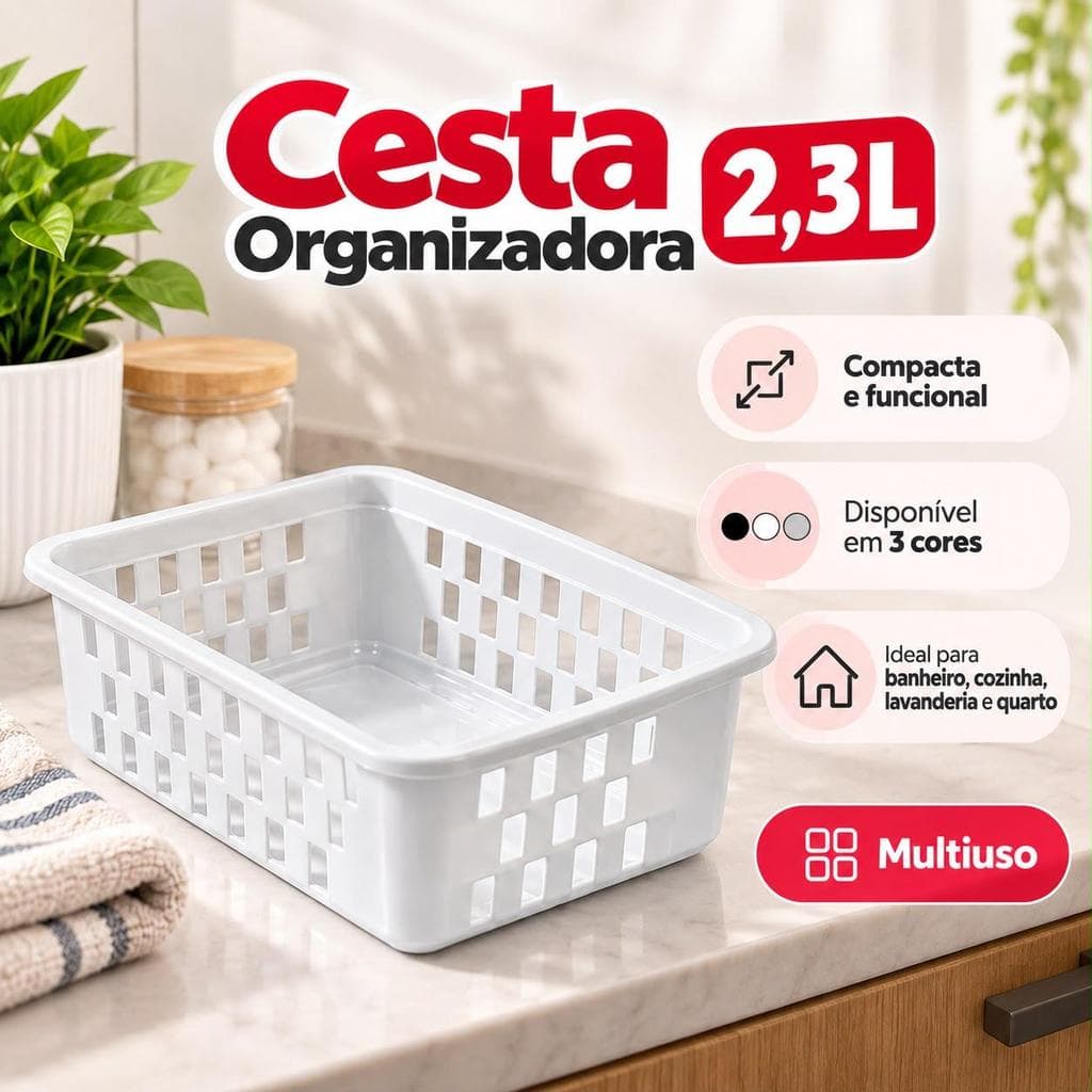 Cesta Organizadora 2,3L Multiuso com Alça – Organizador para Cozinha, Banheiro, Quarto e Armário