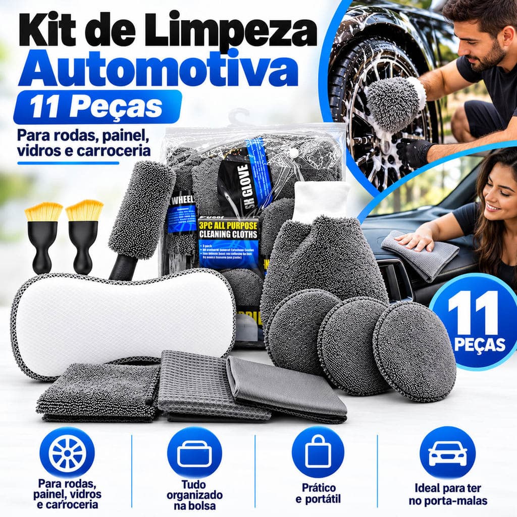 Kit Limpeza Automotiva 11 Peças para Carro com Escovas Luva Panos Esponja e Bolsa Oxford
