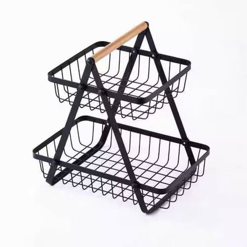 Fruteira Metal Multiuso 2 Andares Organizador Cozinha Alça Madeira Design Moderno