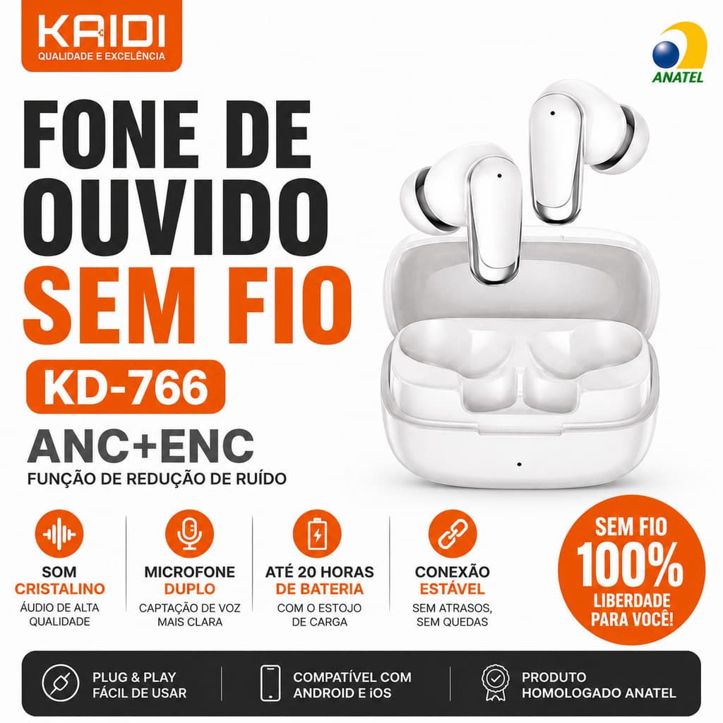 Fone Bluetooth KAIDI KD-766 ANC+ENC Sem Fio 4 Microfones Bluetooth 5.4