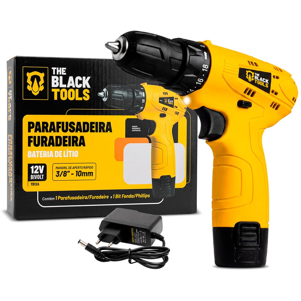 Parafusadeira E Furadeira 3/8 12v A Bateria Profissional Bivolt The Black Tools