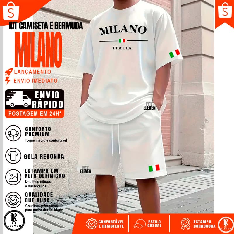 Conjunto Camiseta + Short Moletom Estampado Milano Itália Street Camiseta Malha Linha Premium + Short Mauricinho RT Elev