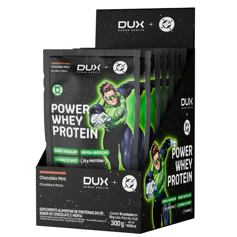 (CAIXA 10 UN) POWER WHEY PROTEIN DUX DC SABOR CHOCOLATE MINT