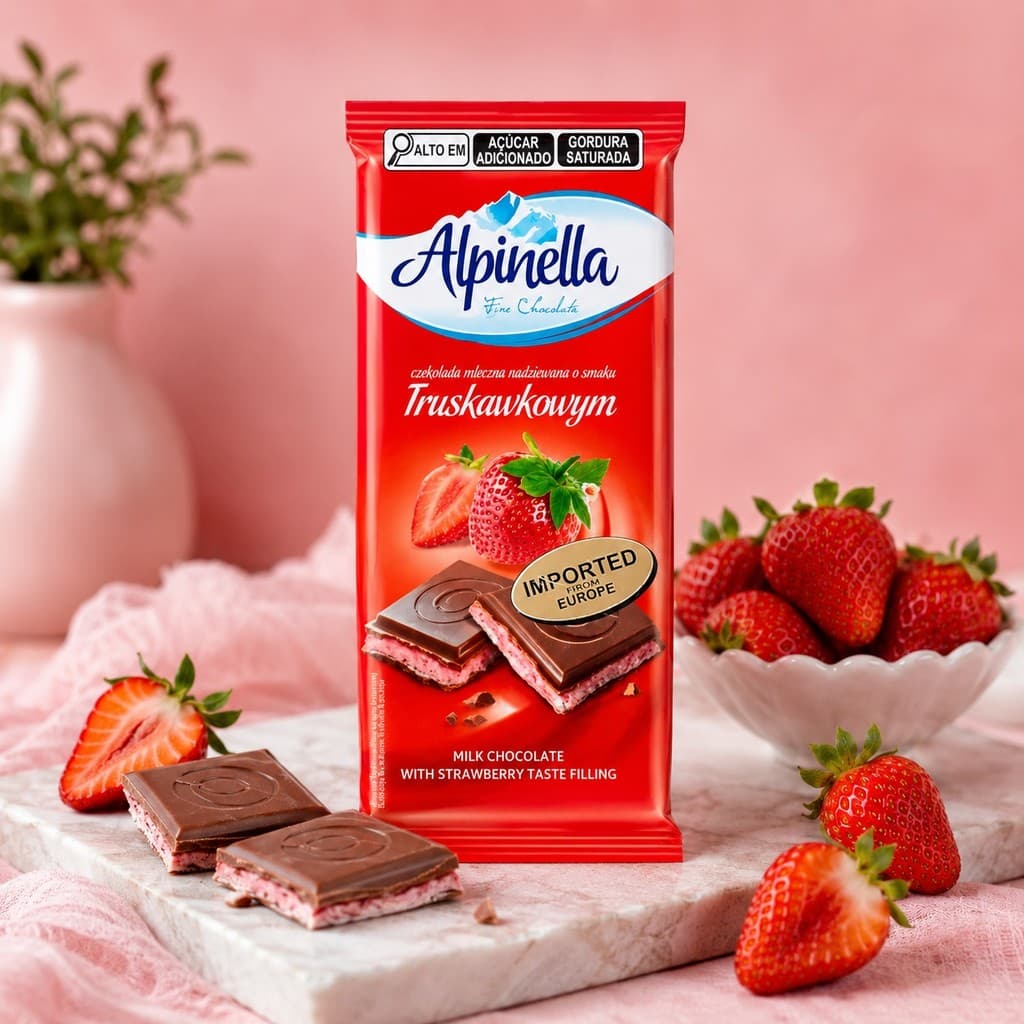 Chocolate ao Leite Alpinella com Recheio Sabor Morango 100g – Importado e Cremoso
