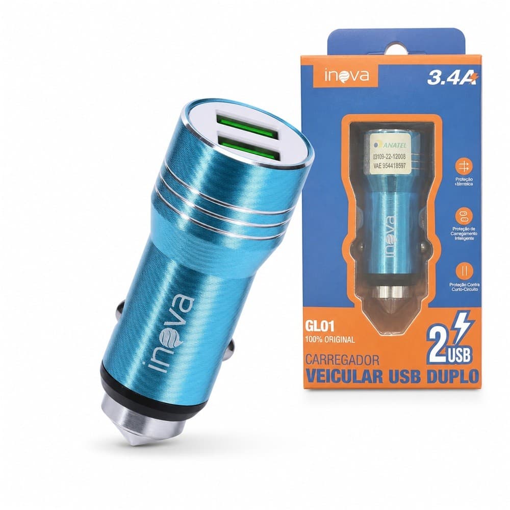 Carregador Veicular INOVA GL01 Turbo 3.4A com 2 Portas USB para Carros e Caminhões - Cor Azul