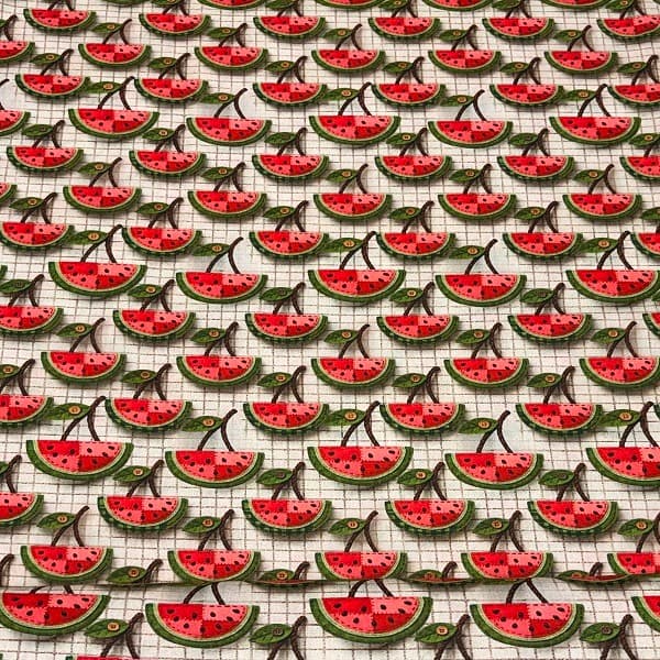 Tecido Tricoline Fruta Melancia Fundo Quadriculado Branco Tipo Patchwork