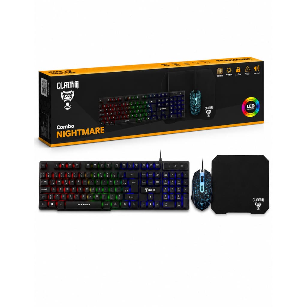Combo Gamer Teclado Semi Mecanico ABNT2 LED Rainbow + Mouse 3600 DPI + Mousepad Clanm Nightmare Lite