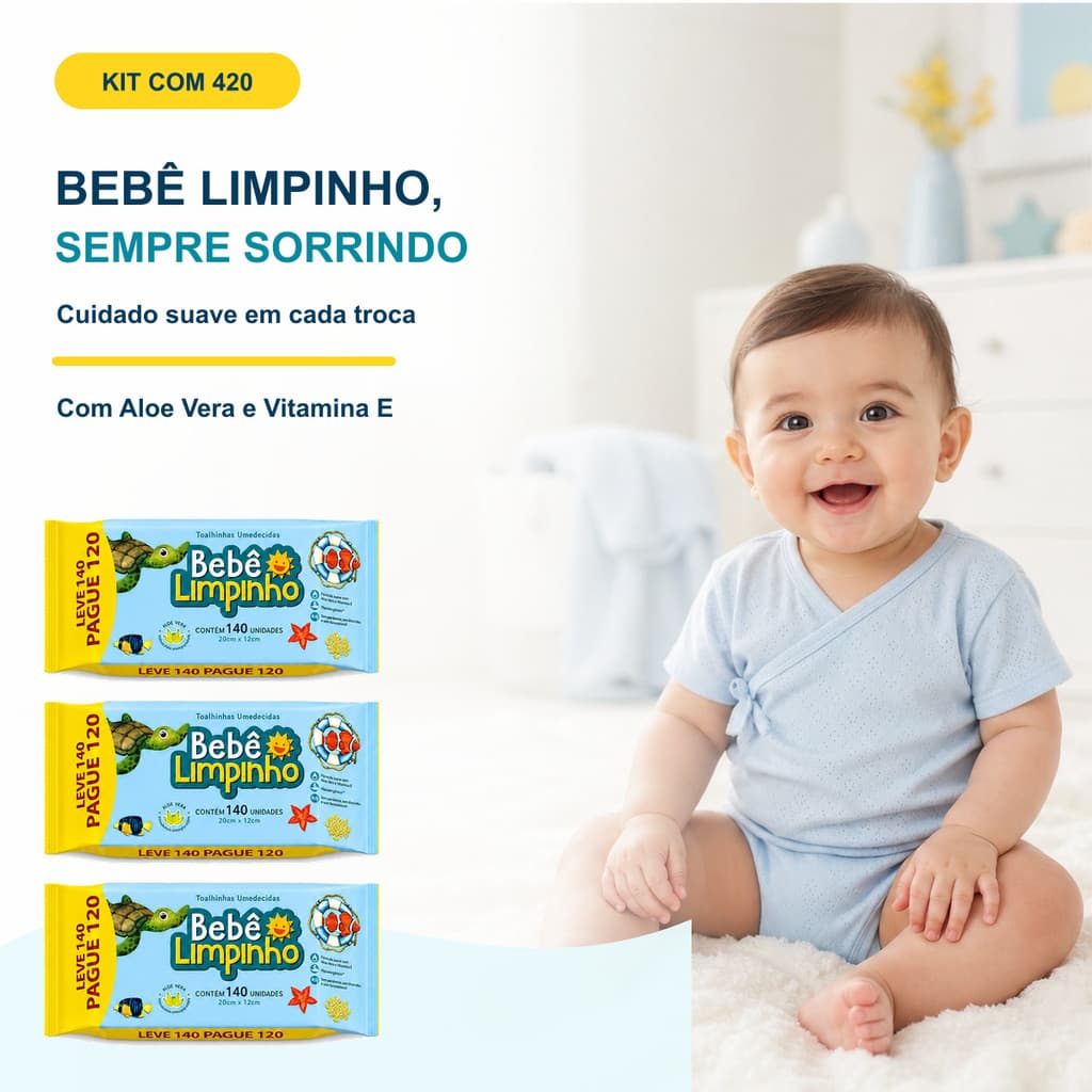 kit 420 Toalhas Lenco Umedecidas Bebê Limpinho Premium Cimed