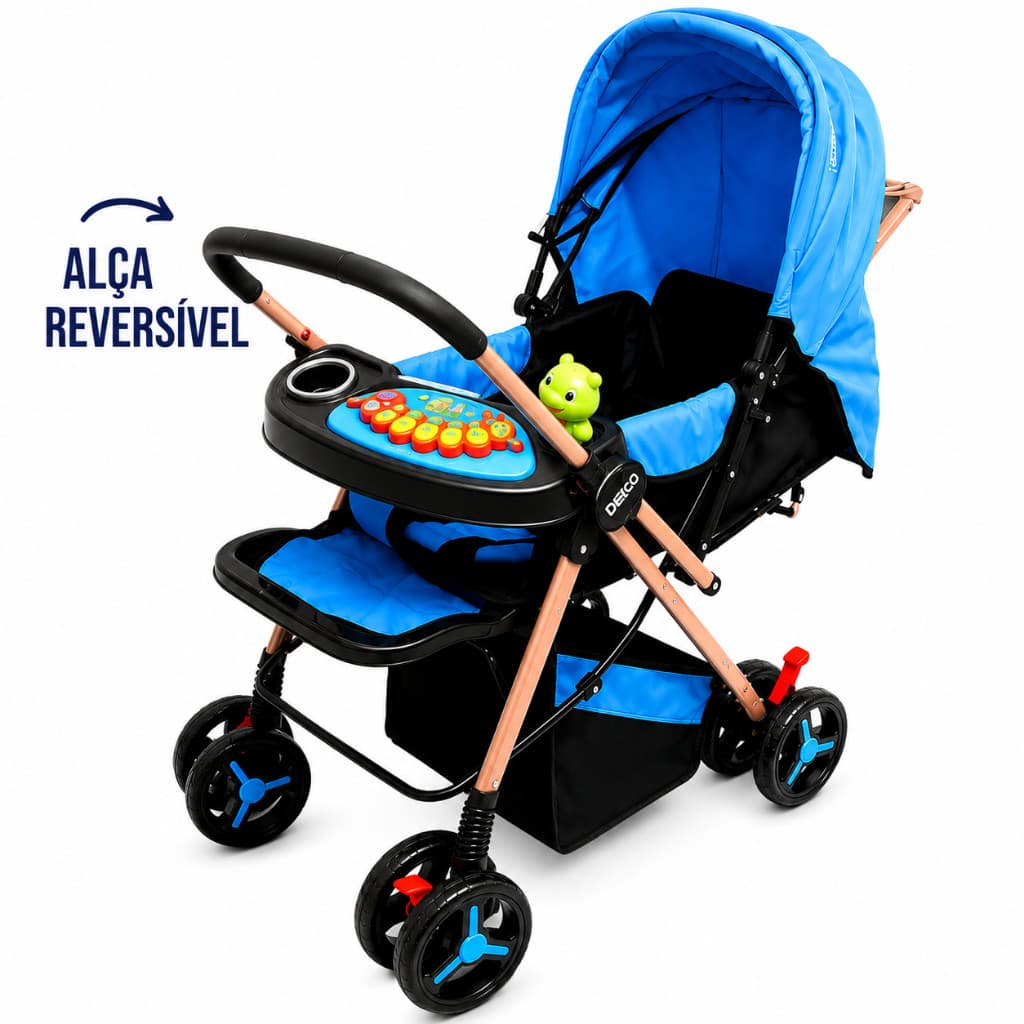 Carrinho de Bebê Compacto Dobrável Masculino Azul Preto com Bandeja Musical Capota Retrátil e Rodinhas 360°