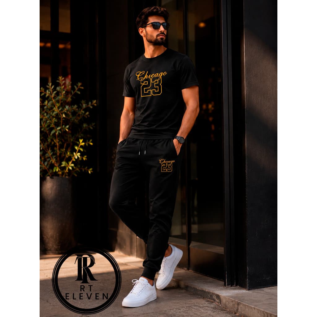 Kit Conjunto Chicago 23 Estampa dourada Camiseta e Calça moletom Moda casual Malha Algodão + calça Moletom Com bolso ARt