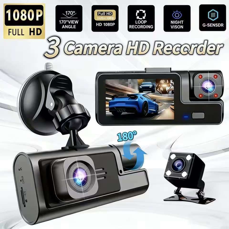 Dash Cam De 3 Canais 1080P Com Visão Noturna Frontal , Traseira E Interna Para Carros